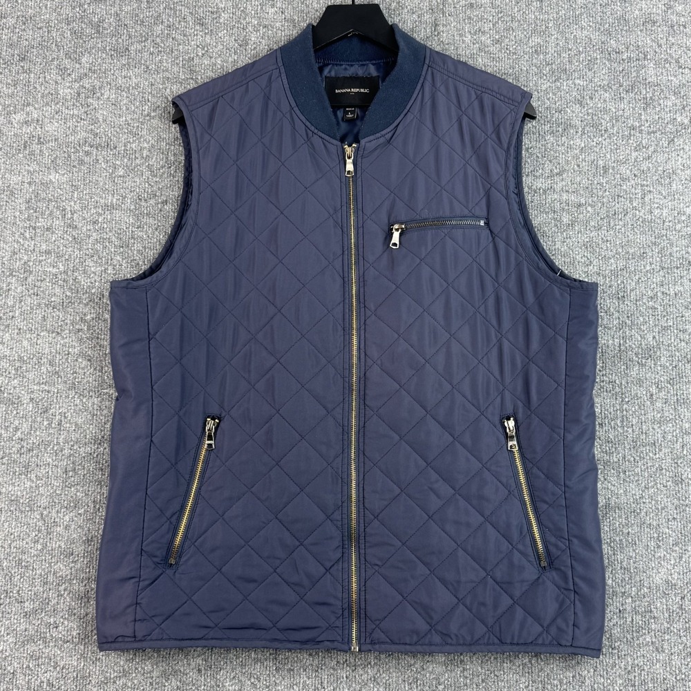 Banana Republic Quilted Vest Mens L Navy Blue Full Zip Padded 4 Pocket Outdoor